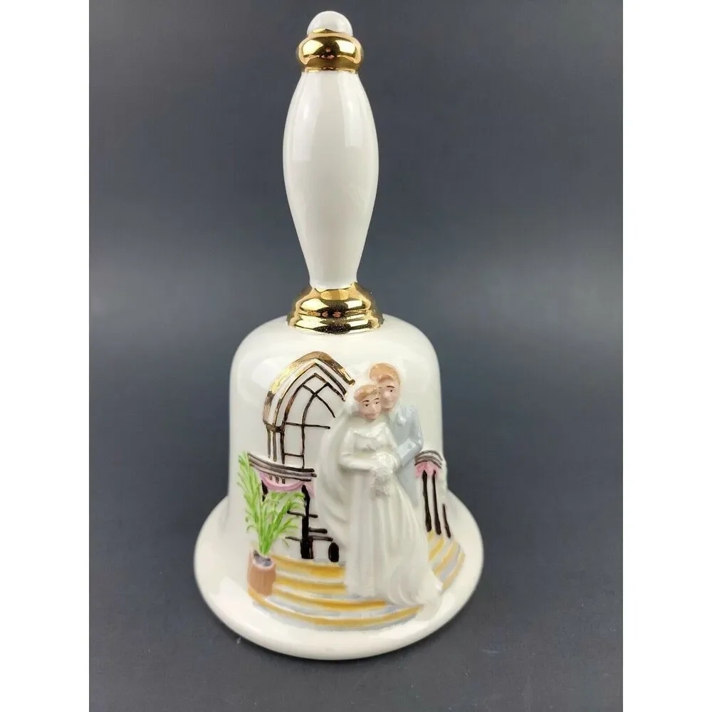 Vintage Wedding Bell Bride Groom Artisan Ceramic Porcelain Gold Trim Clapper